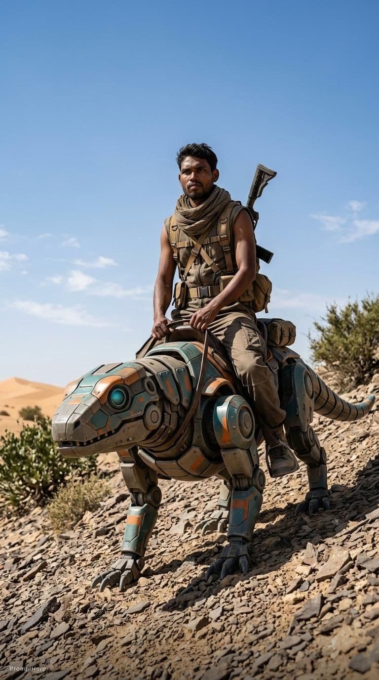 AI generated: A lone desert scout riding a robotic reptile-like pack mount up a rocky slope under a wide open sky,...