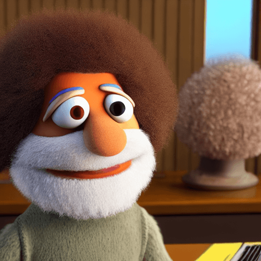 AI generated: Bob Ross as a muppet, pixar fur, vray renderer