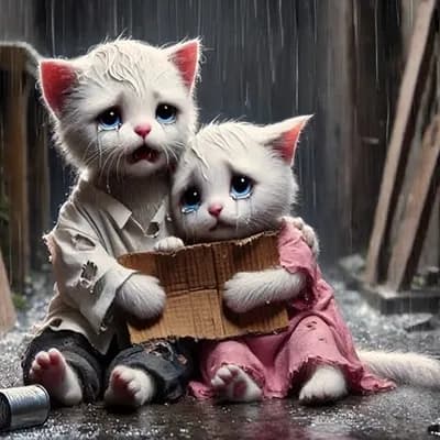 AI generated video: the two poor cats are crying on a raining wheather