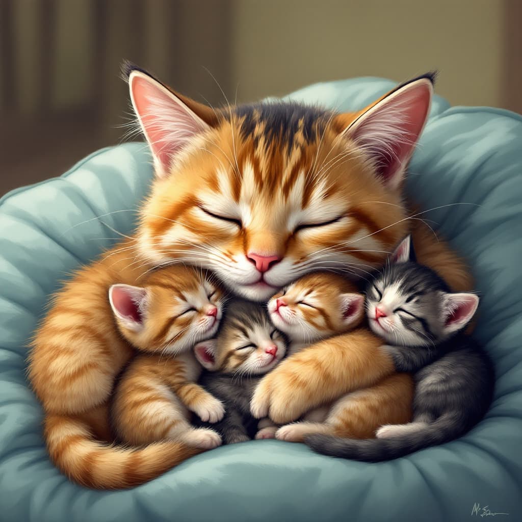 AI generated: A cartoon cat, snuggling with kittens.