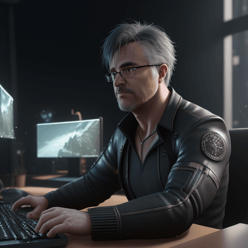 AI generated: photography of male,computer on background ,realistic, unreal engine, octane render, bokeh, vray, ho...