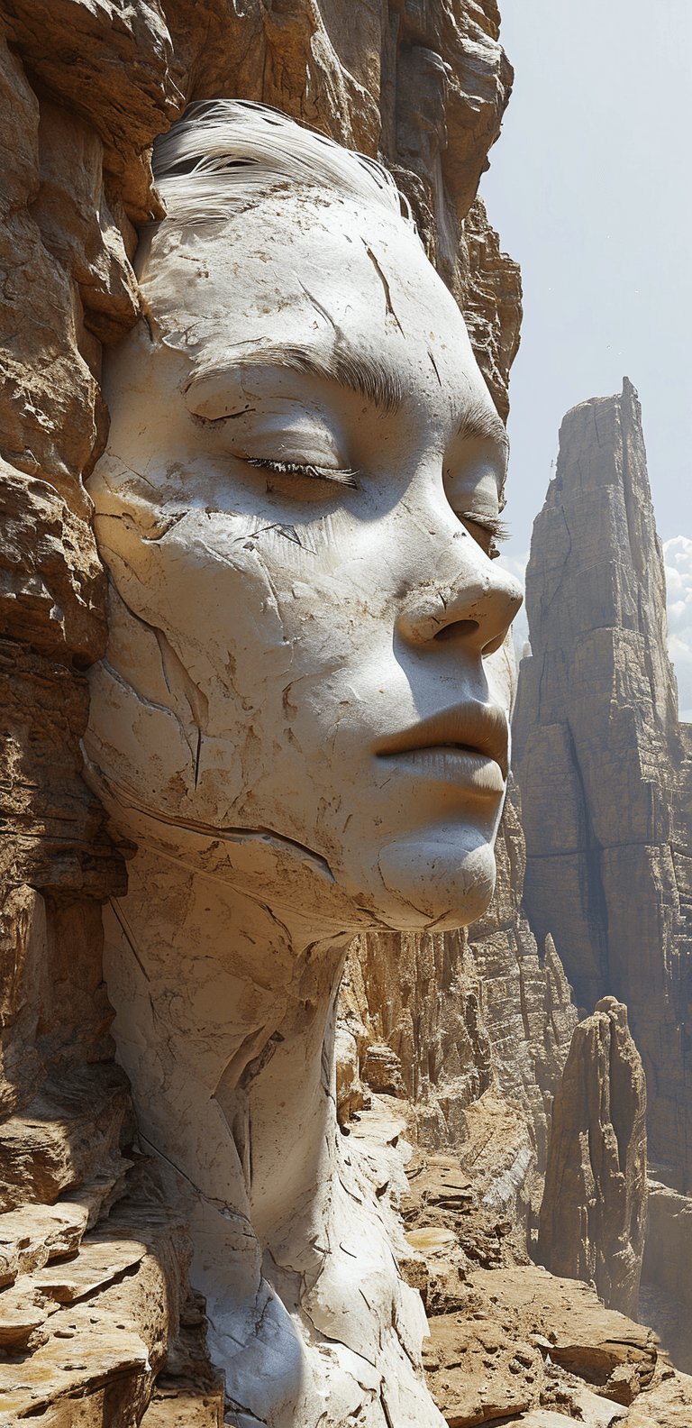 AI generated: art statue in cliffs, in the style of realistic hyper-detailed portraits, cryengine, detailed facial...