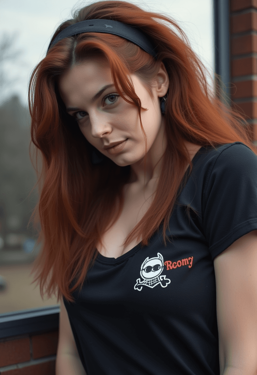 AI generated: A woman stands at a slight angle to the viewer, her long messy auburn hair tangled around her face l...