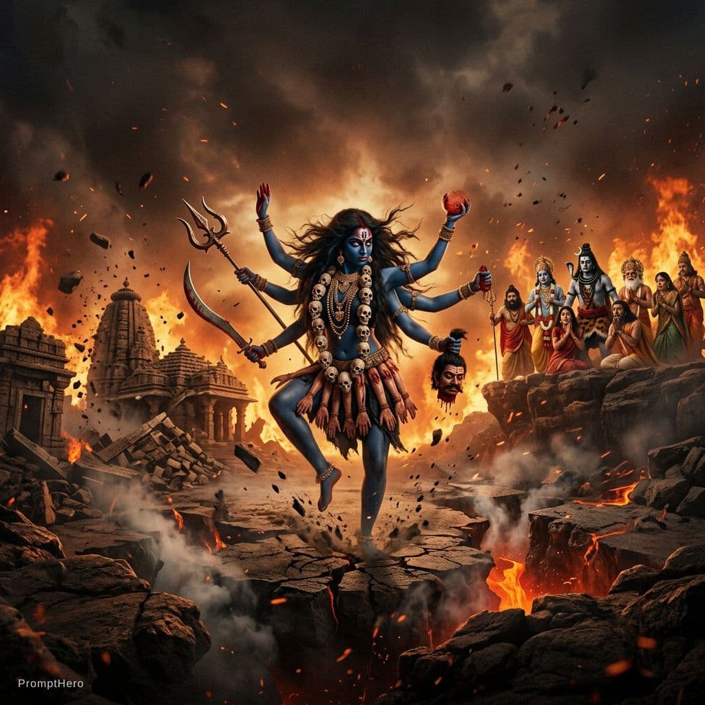 AI generated: Kali performing destructive tandav, पृथ्वी हिल रही, fire everywhere, gods terrified, chaotic destruc...