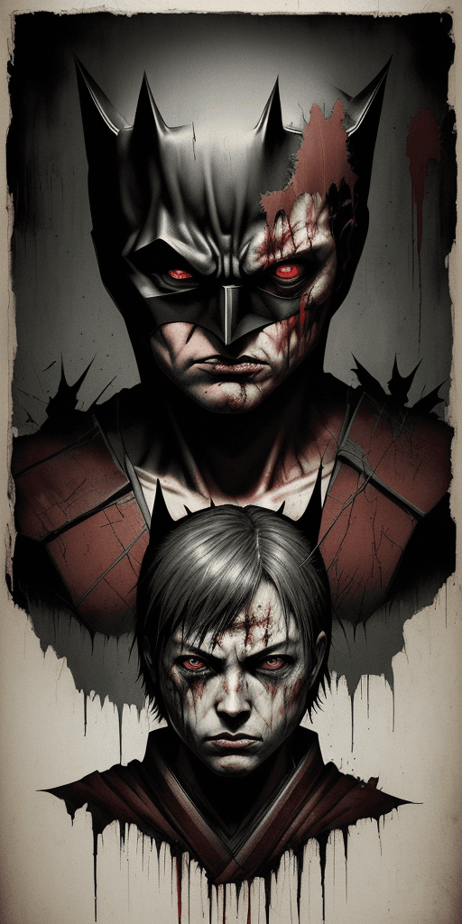 AI generated: silent hill style comic book, Japanese gorecore type. A 16k poster with of the Evil Vanquished Batma...