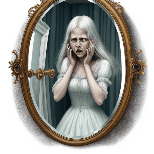 AI generated: a book illustration of a terrified woman who is trapped in a mirror and is trying to cry for help an...