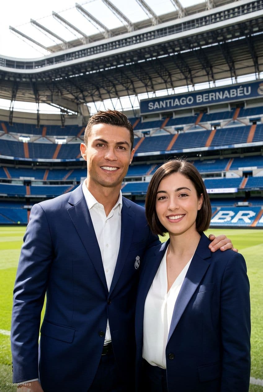 AI generated: Este chico y cristiano ronaldo en el bernabeu. Change that guy into a girl 
