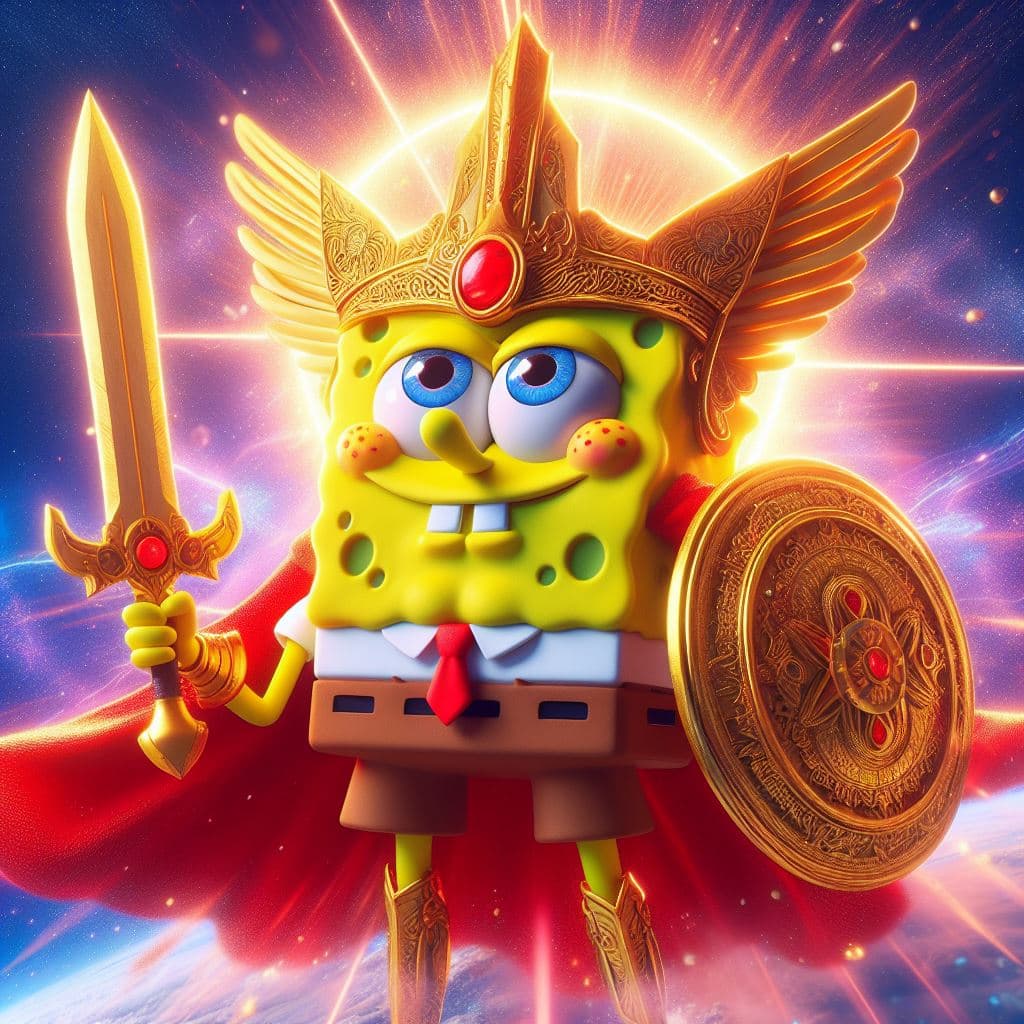 AI generated: Spongebob is the mightiest god with a sword, red eyes, heroic pose, divine and celestial light, mast...