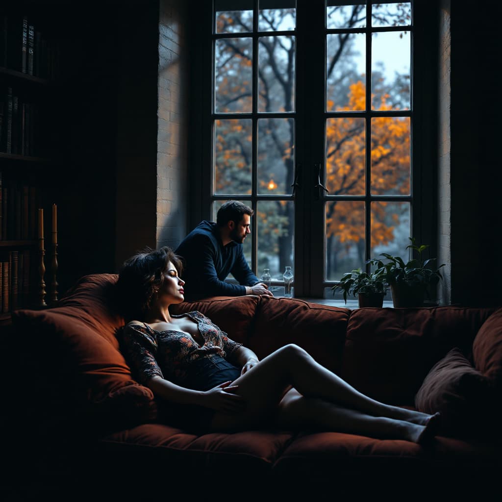 AI generated: picture off, an  Dark and moody home library, a woman (MILF, 45 years old mature milf ,  curve  body...