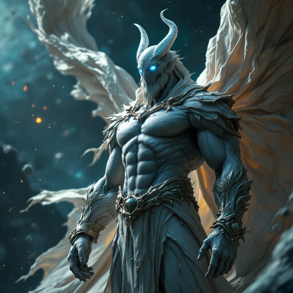 AI generated: God of Healing and sickness, full-body, Etherial, muscular, ((No mouth or hair)), Glowing blue and g...