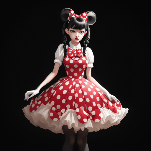 AI generated: Minnie mouse imagined as human girl, a beautiful girl, red frock with white polka dots, black hair, ...
