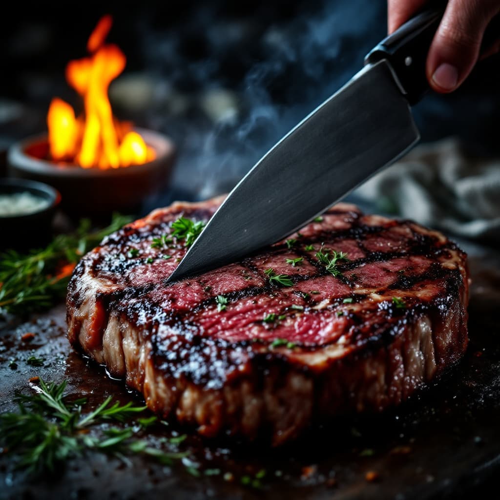 AI generated: darker image of big tomahawk steak being cut with a big knife. Photography