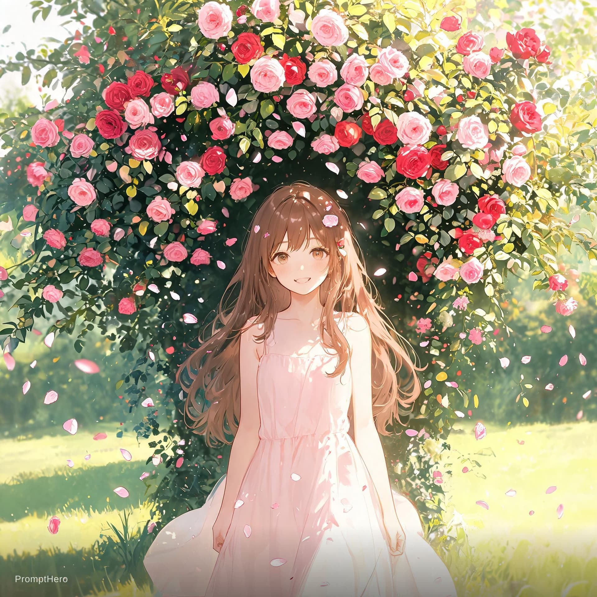 AI generated: A beautifull Girl stand under Rose tree.