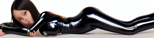 AI generated: preteen girl, lies at bed, wearing skintight shiny spandex catsuit catcostume, open legs,  lies at b...