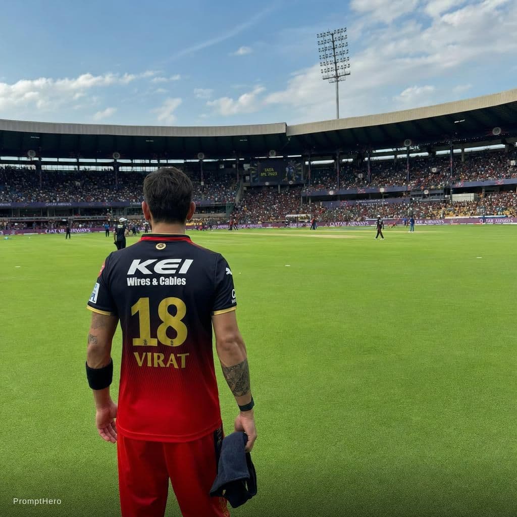 AI generated: Realistic HD cricket ground with RCB jersey .