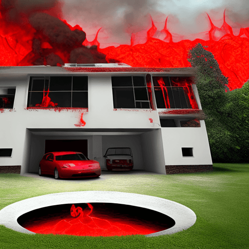 AI generated: wide house in the hell 2 floor, high-tech style, outdoor is the place of evils from the circles of h...