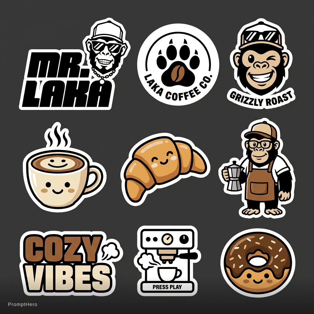 AI generated: coffee shop brand stickers, cute coffee cups, pastries, barista character, cozy vibes, brown and cre...