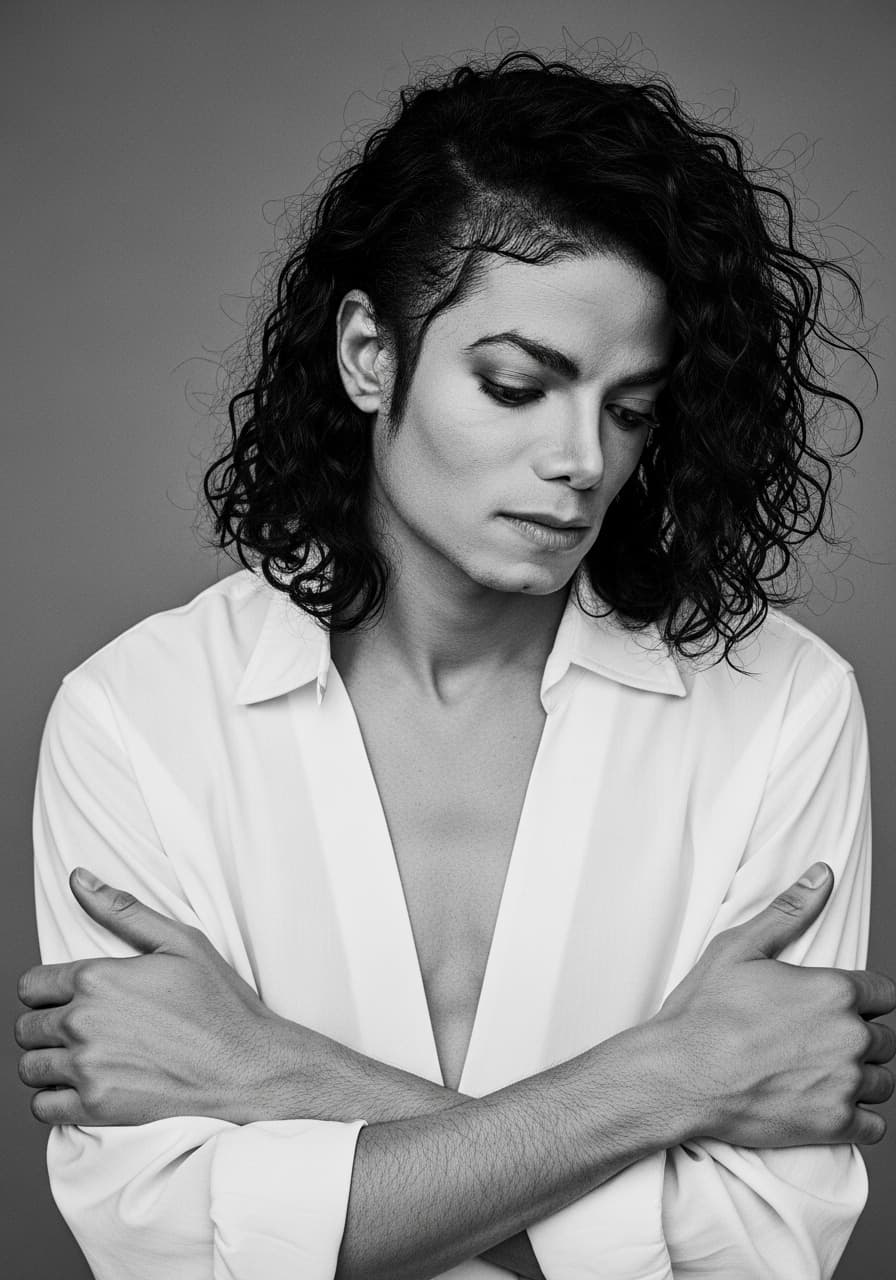 AI generated: Michael Jackson, captured in a pensive and somewhat vulnerable pose. His body is turned slightly to ...