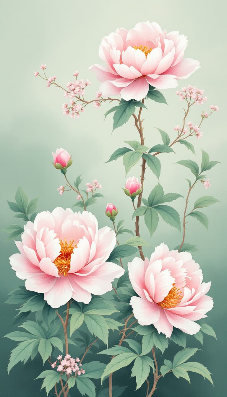AI generated: Beautiful Chinese peonies decorate the soft light green canvas