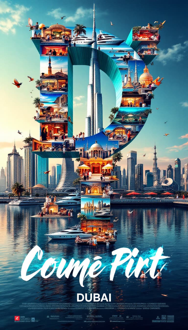 AI generated: A striking, high-contrast cinematic photo-style vertical collage that captures the essence of Dubai....