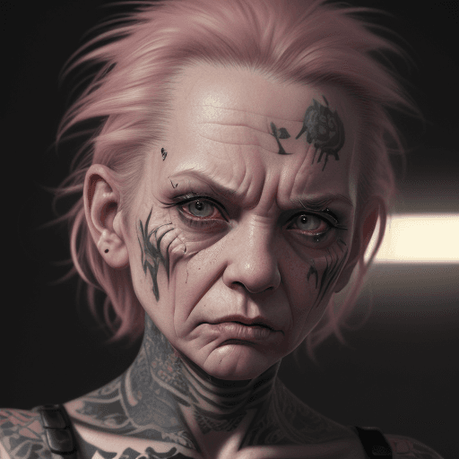 AI generated: female cute, dressd like punk, wrinkles, tatoos, face closeup, photography, detailed skin, realistic...