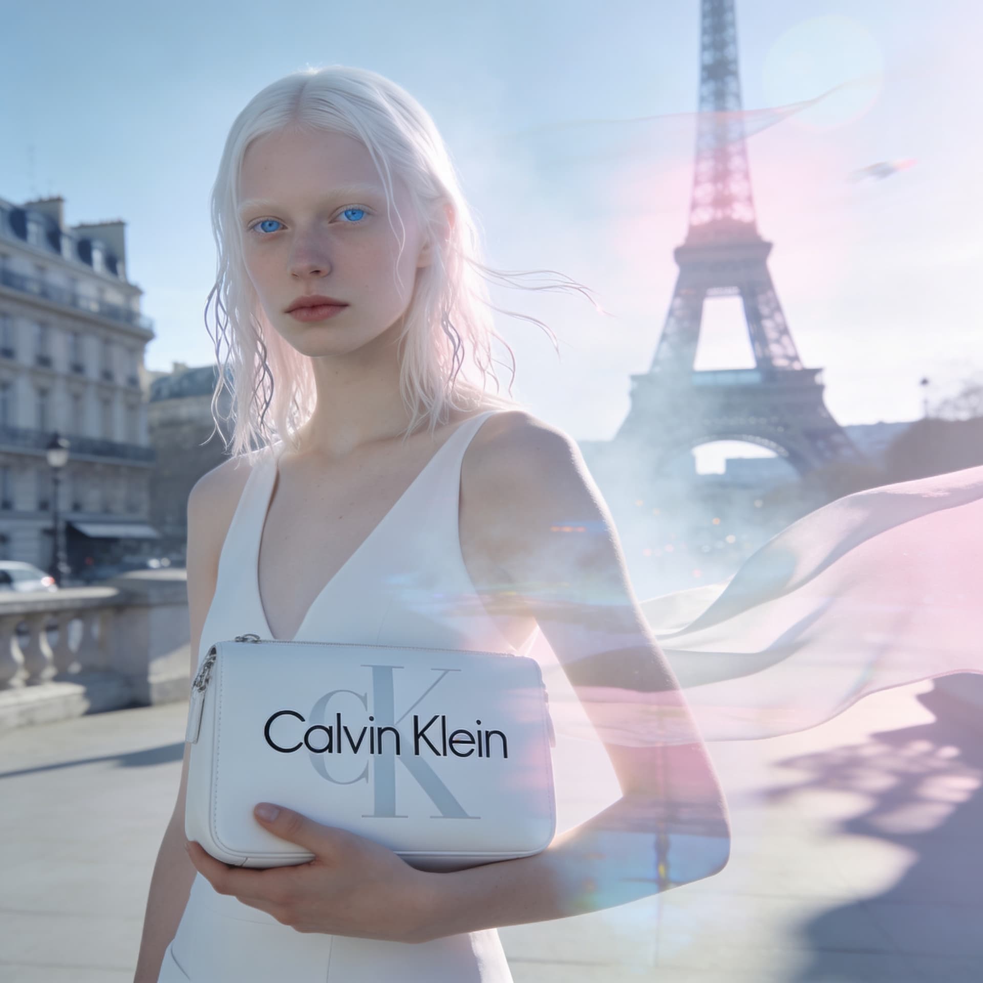 AI generated: Ultra realistic surreal fashion editorial for Instagram, dreamlike luxury aesthetic, albino female f...