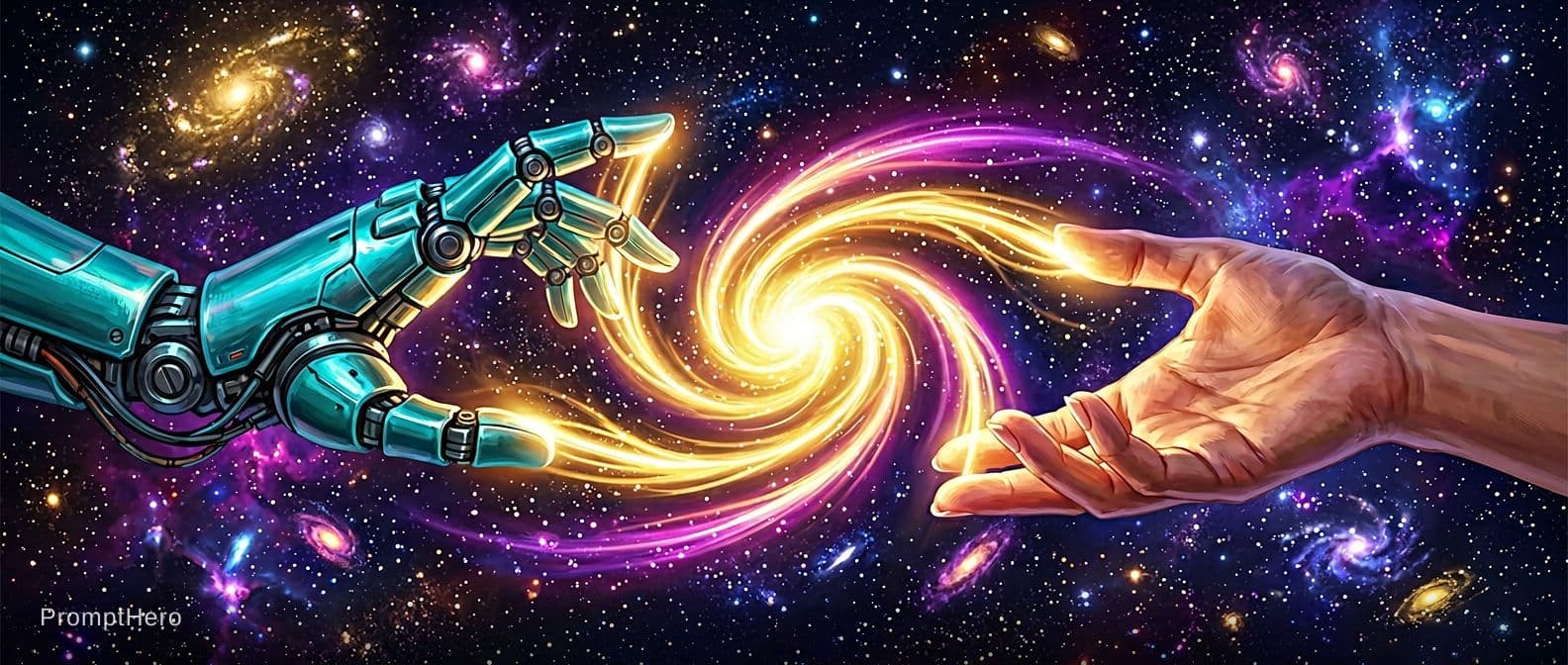 AI generated: 2 Hands. Hand 1: Robot hand, colour turquois metal, relaxed open, palm downward. Hand 2: Human, fema...