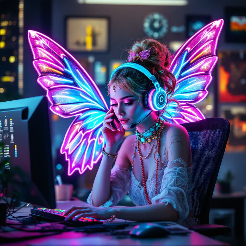 AI generated: Unconventional ornate fairy with flourescent wings. she is wearing a neon headset and is answering p...
