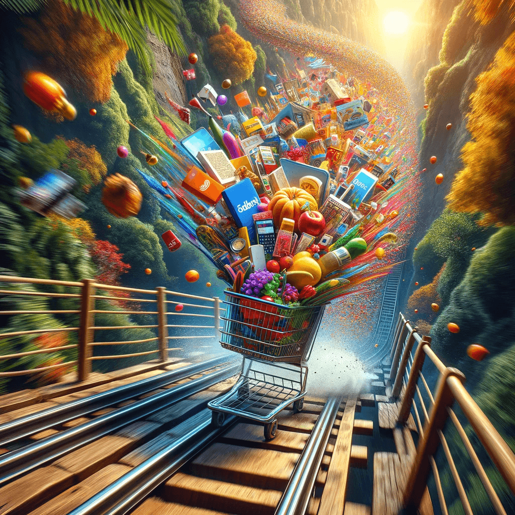 AI generated: Create a vibrant and surreal image where the scene is set on a dramatic railway track that cuts thro...