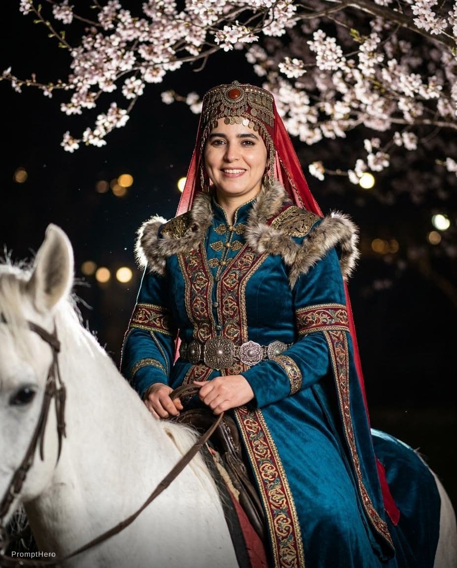 AI generated: convert the uploaded image into A regal Turkic nomadic woman seating on a White horse in her full tr...