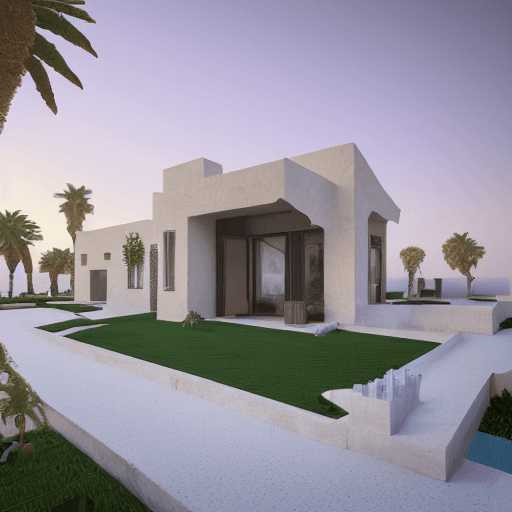 AI generated: Persian cubic architecture style villa, sunrise, desert environment, small villa, Desert, white Conc...
