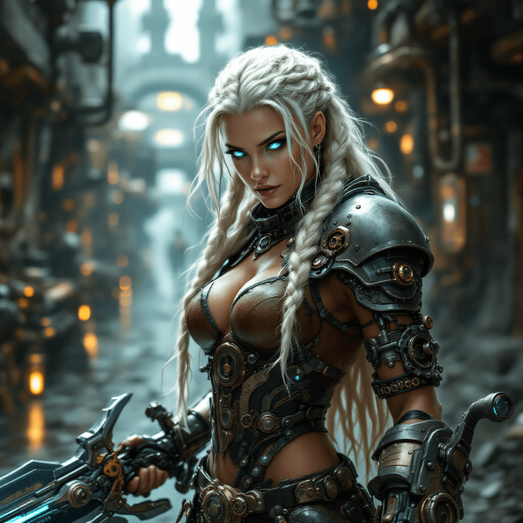 AI generated:  A strong woman with long, platinum blonde hair, braided with mechanical gears and metal accents. He...