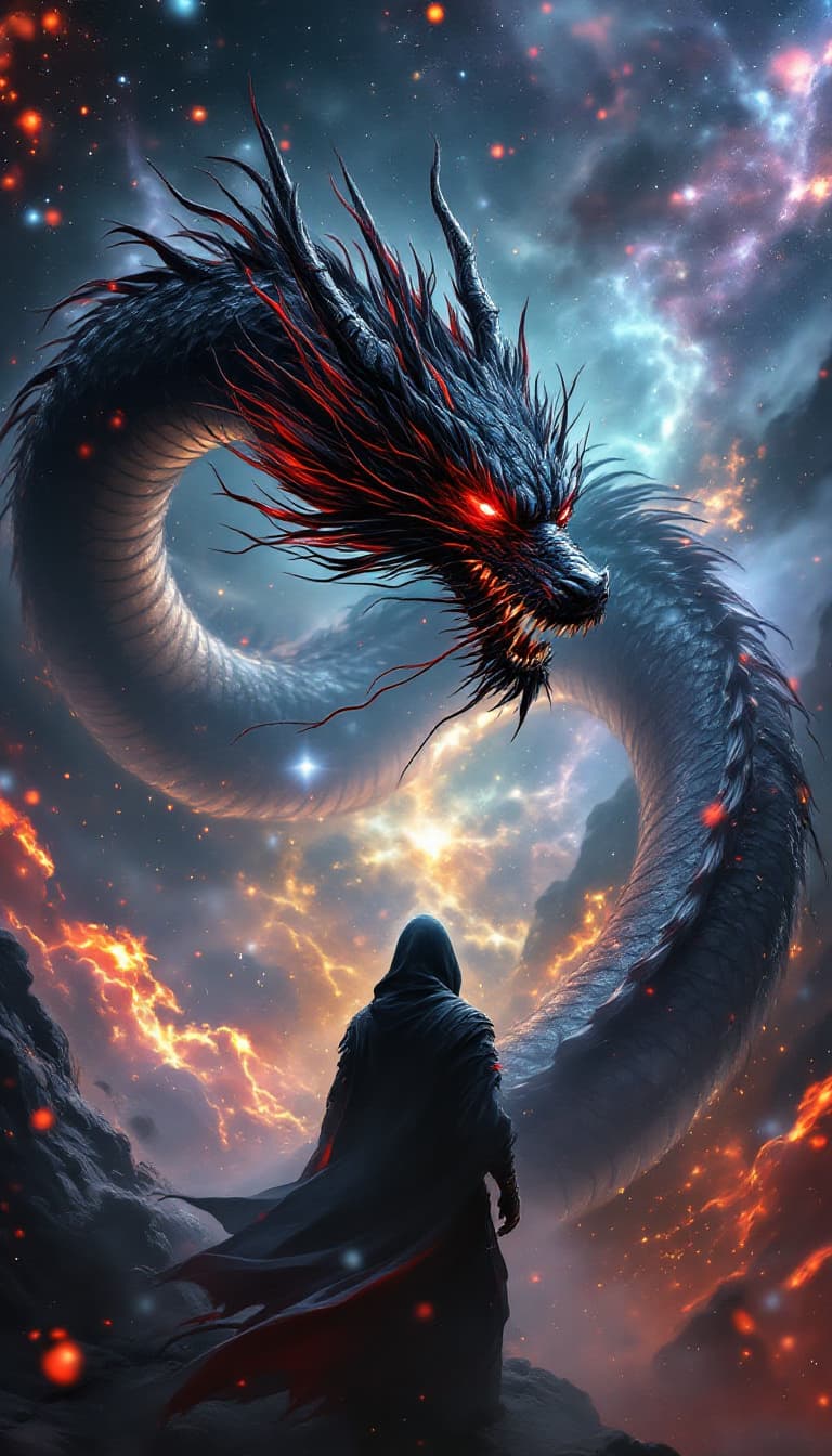 AI generated: A hooded man shinobi and a black and red Chinese dragon through a cosmic galaxy, portrayed in a mesm...