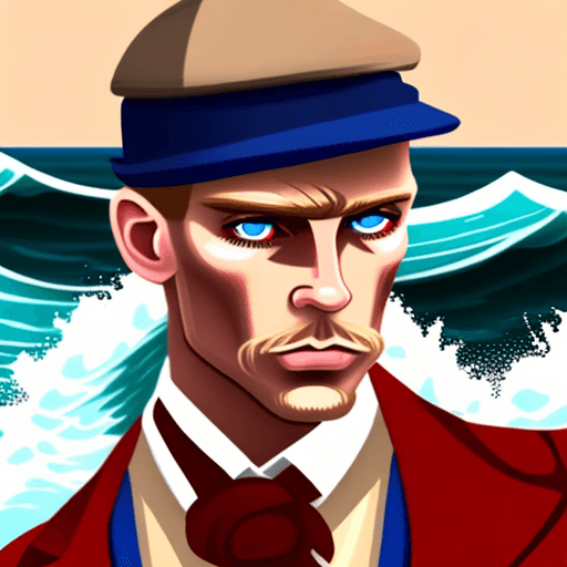 AI generated: a Man with blue eyes and light hair stands in the water,  dressed in peaky blinders style, in the st...