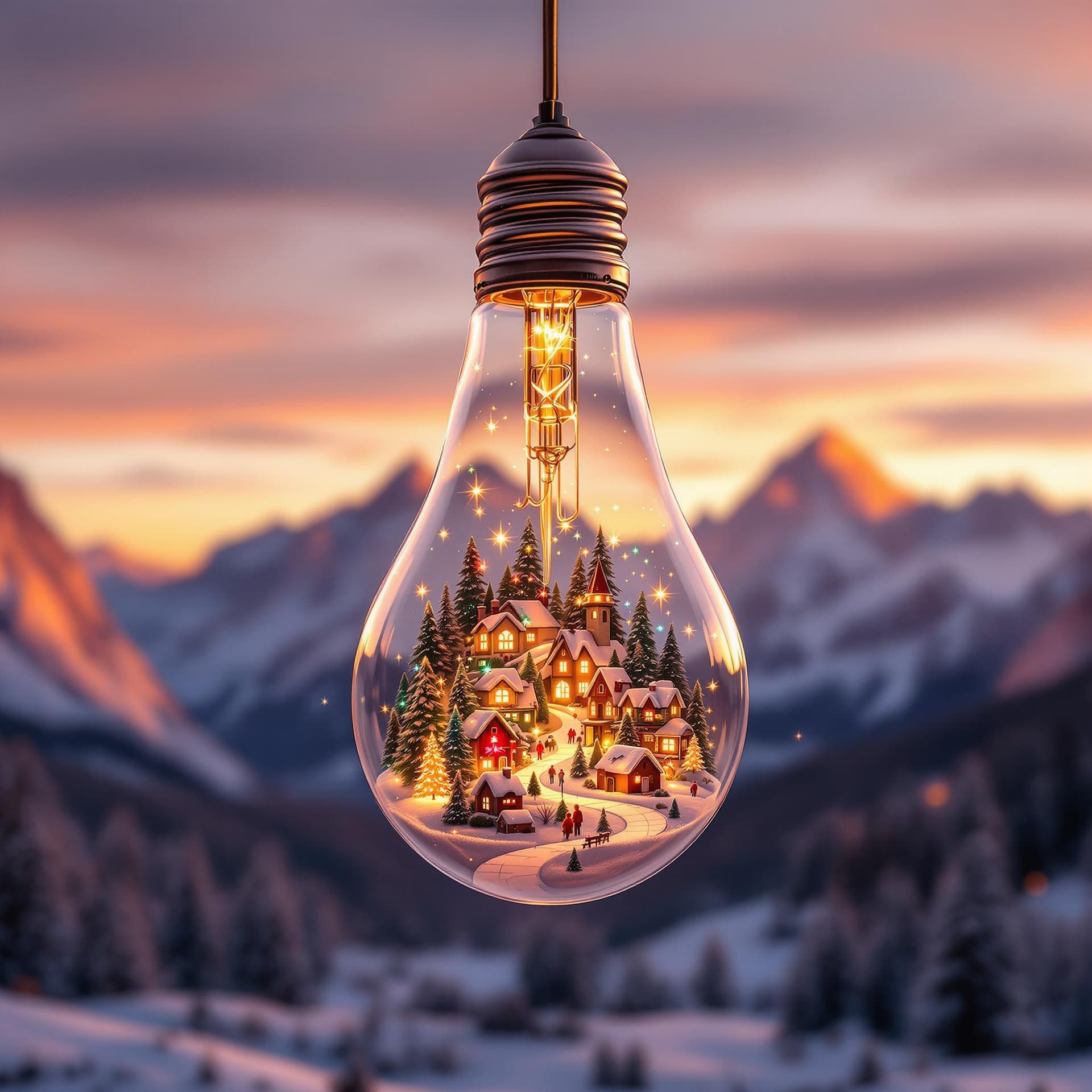 AI generated: Create a captivating image of a clear light bulb hanging in the foreground, with a beautifully detai...