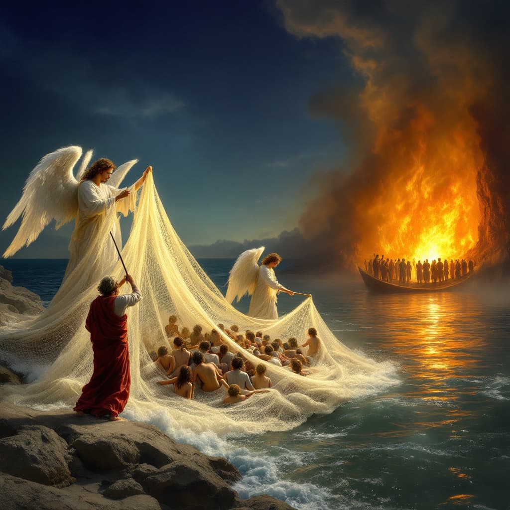 AI generated: "A serene seaside at dawn, with fishermen casting a large net into calm waters. The net, filled with...