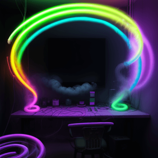 AI generated: NEON SMOKE FILLED ROOM, SPIRALED NEON RAINBOW SMOKE SWIRLS FILL DARK ROOM 