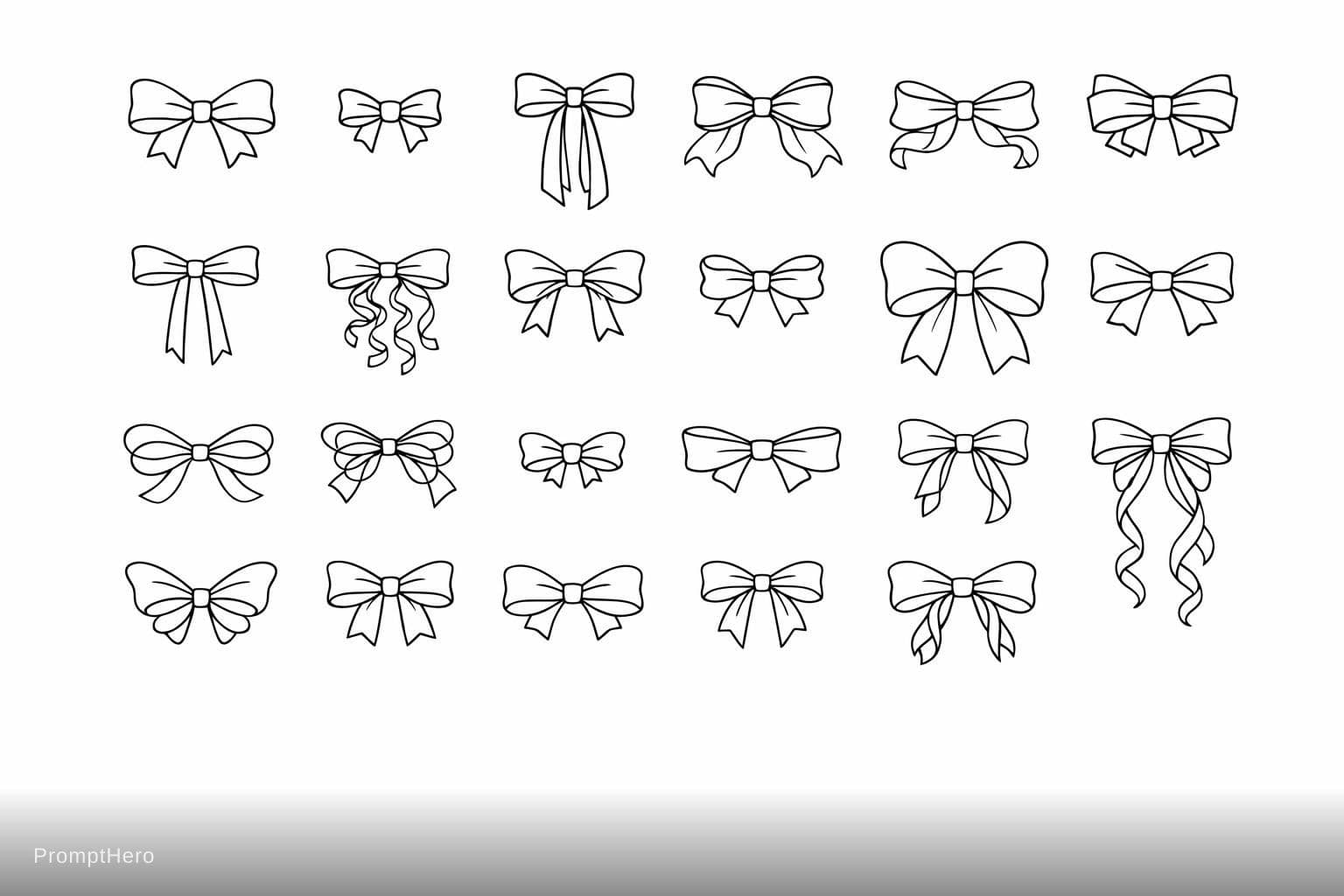 AI generated: sticker sheet containing 20 different elegant ribbon bows, thin black outline vector line art, minim...