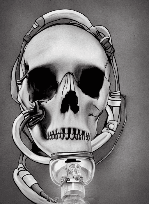 AI generated: portrait shot of a skull wearing an oxygen mask, realistic, cartoon, mad max

