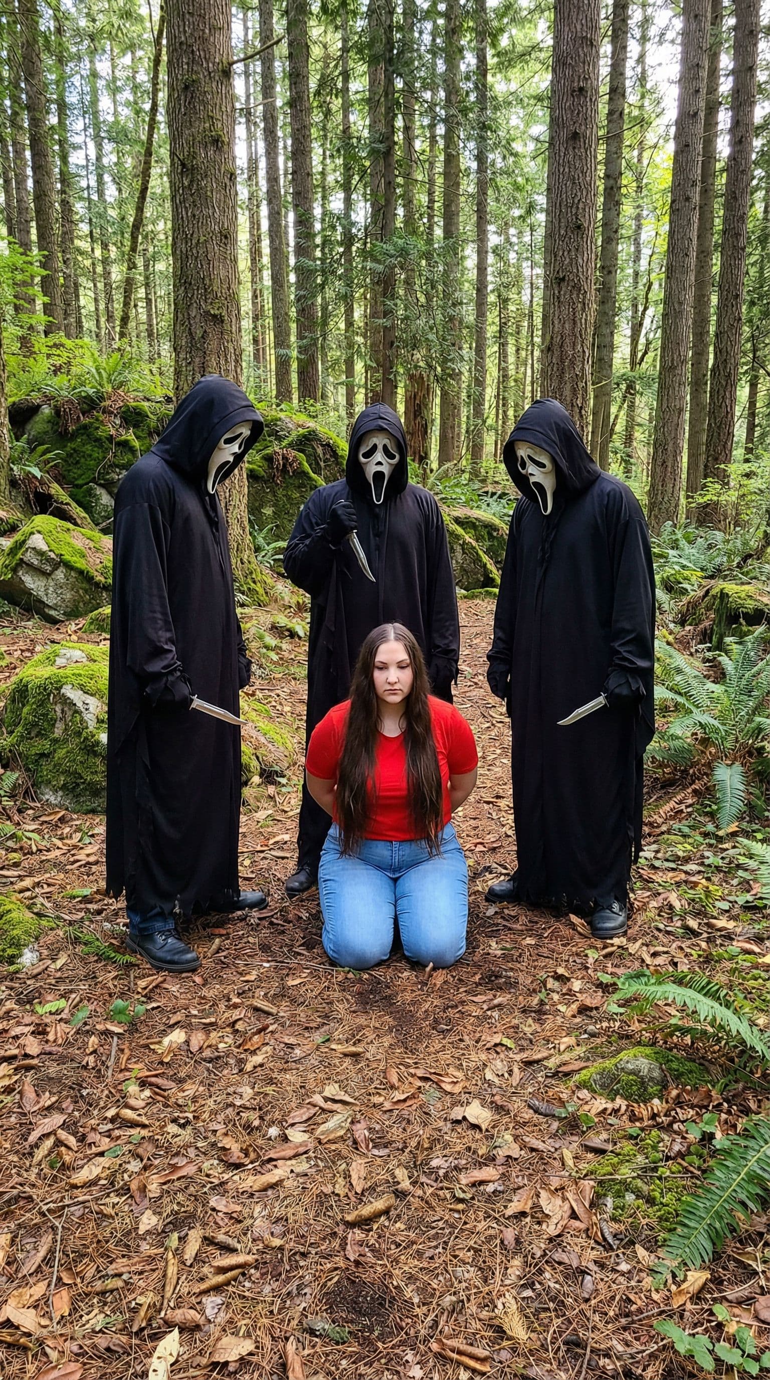 AI generated: Three men in the same costume from my uploaded picture, surround the woman in the picture I provide,...