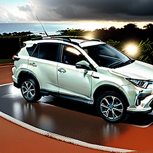 AI generated: carro tt, toyota rav4 branco, nascer do sol pálido, dia de chuva, foto real, cor mate