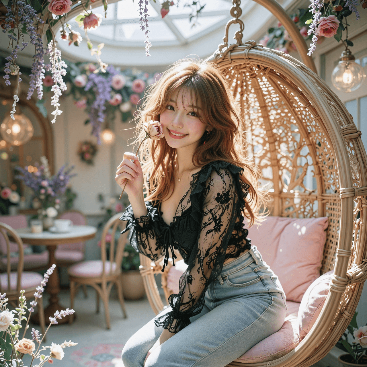 AI generated: The Floral Attic Café (Cheerful & High-Angle)
a. Shooting Angle & Pose: High-angle medium shot looki...
