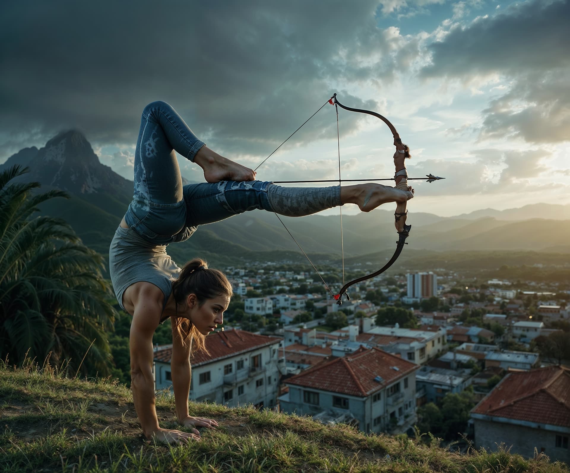 AI generated: A Beautiful Athletic woman using her feet to aim with a bow, a ((foot archer)) highly detailed, 8k s...