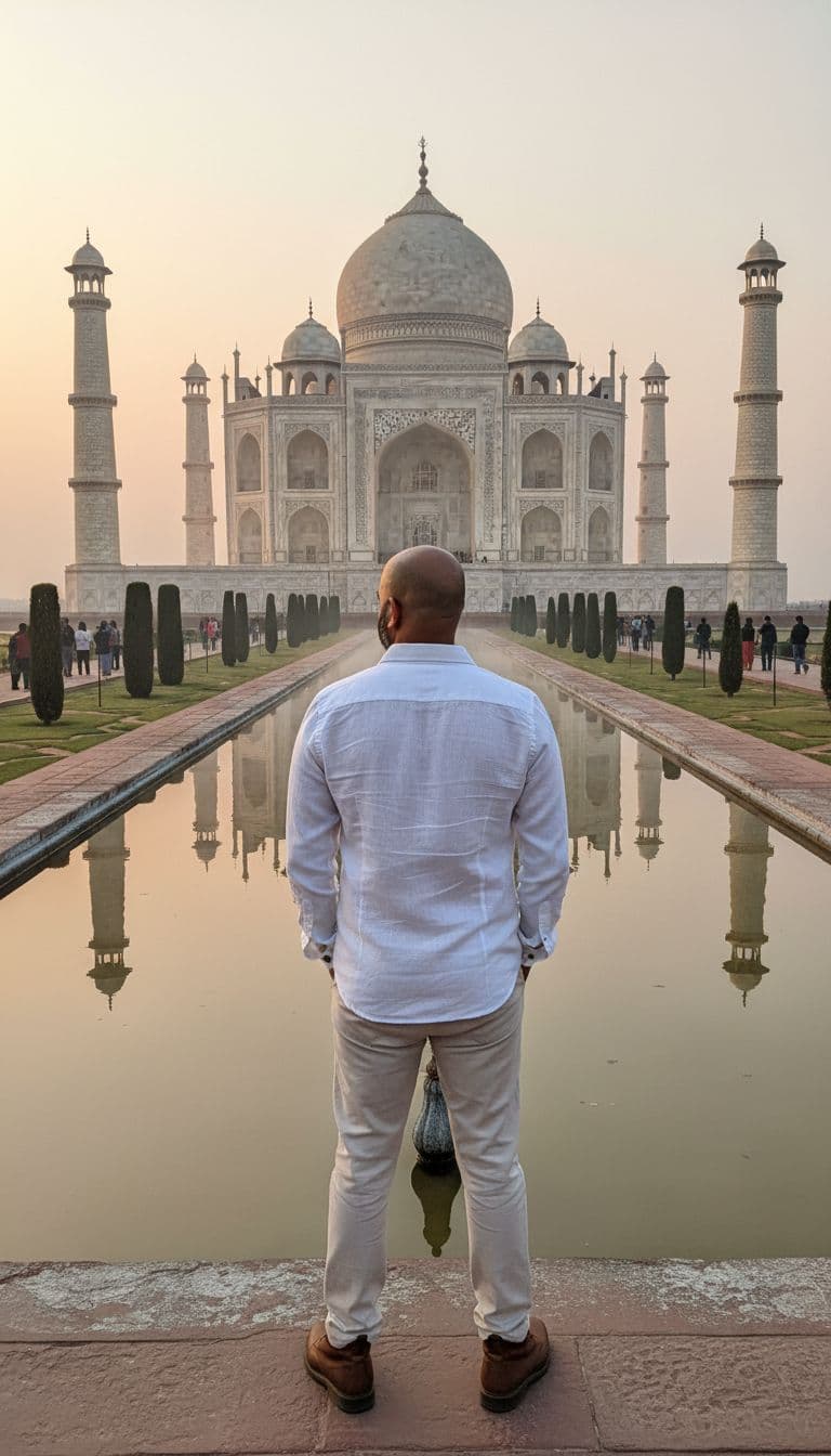 AI generated:  wide-angle shot of the Taj Mahal at sunrise, a man front of taj mahal, wearing a white linen shirt ...