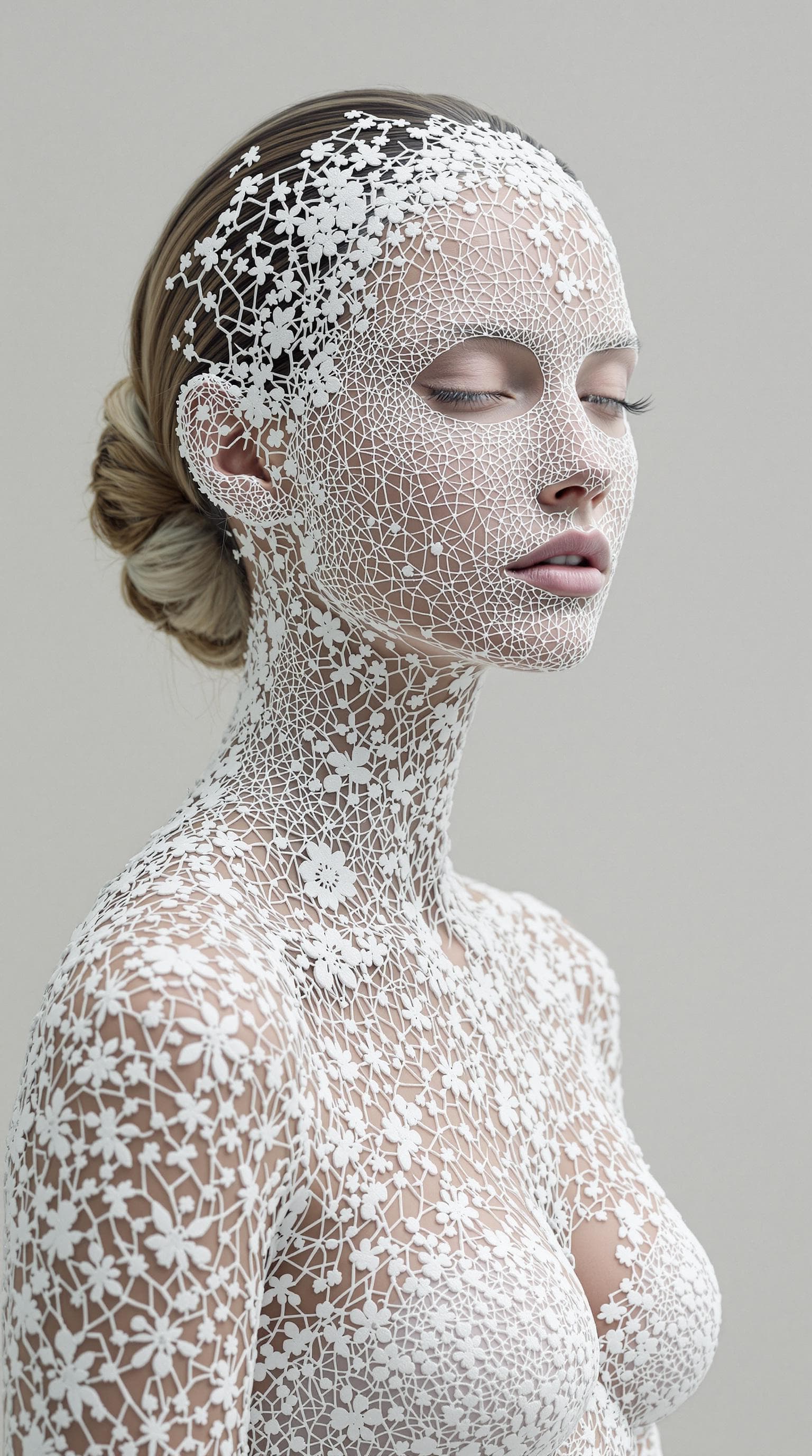 AI generated: the whole face, shoulders and chest are pierced with openwork threads in the style of Ukrainian nati...
