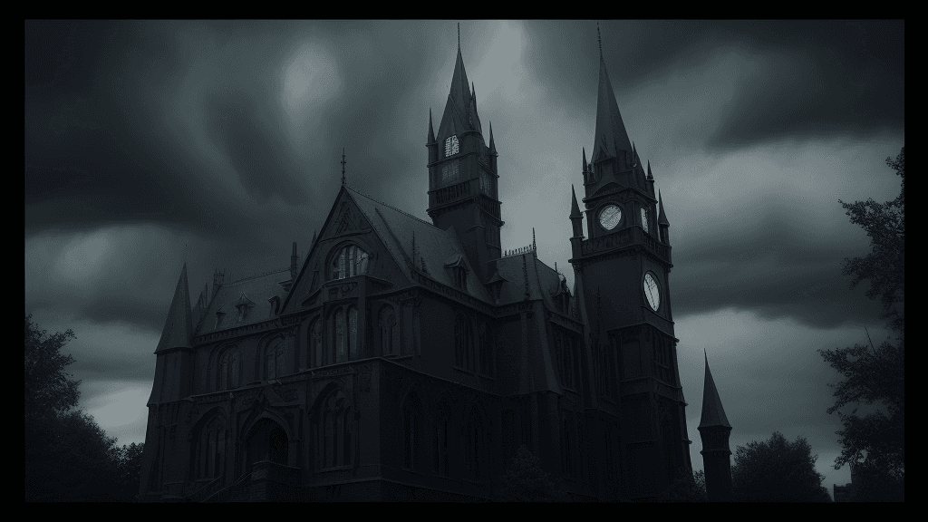AI generated: Nevermore Academy Exterior: A dark, gothic building with spires, reminiscent of a haunted castle, un...