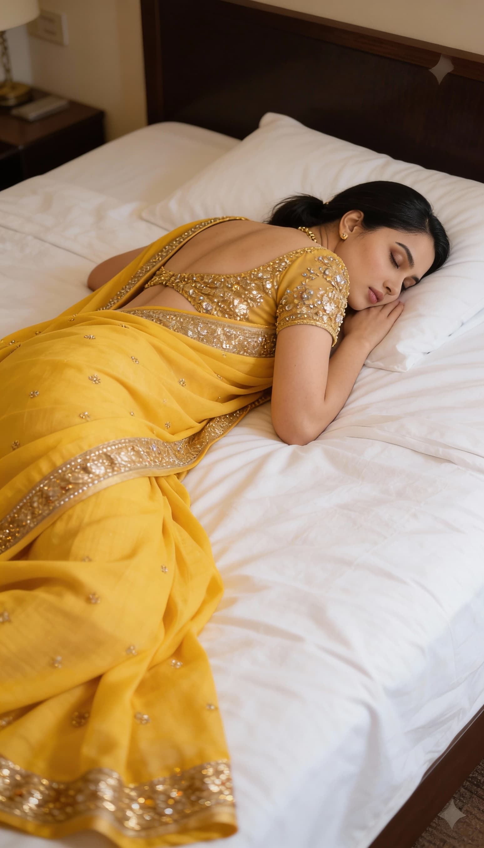 AI generated: This girls are sleeping lying face down on bed in saree 