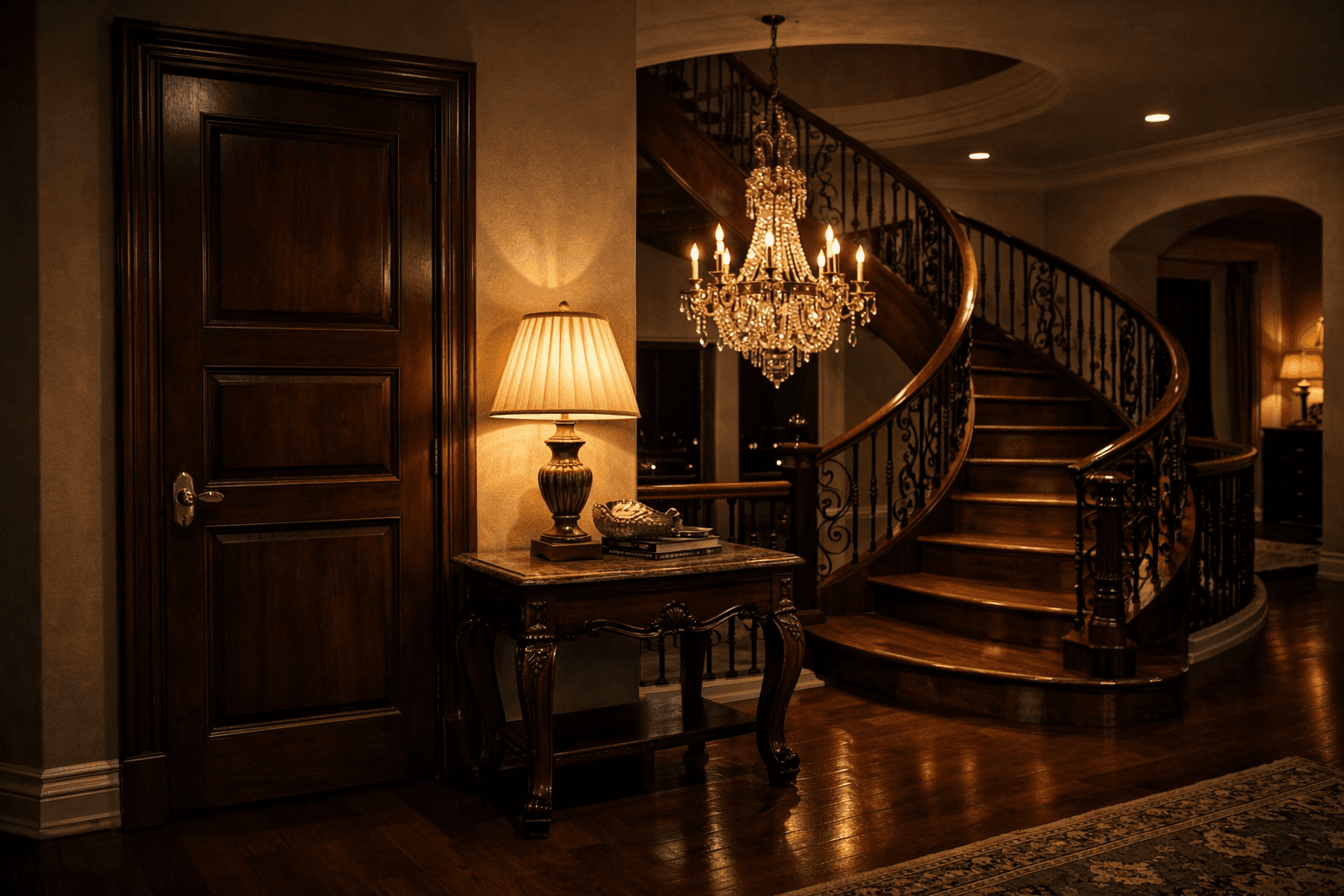 AI generated: At night at a beautiful and luxurious house, on the second floor.

The view is the outside of a bedr...