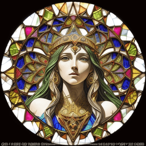 AI generated: stained glass art of goddess, mosaic-stained glass art, stained-glass illustration, close up, portra...