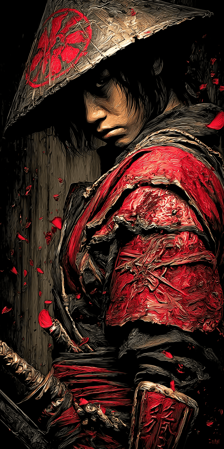 AI generated: samurai, palette knife technique, heavy impasto --chaos 75 --ar 1:2 --sref 1381372958 --profile x3fq...